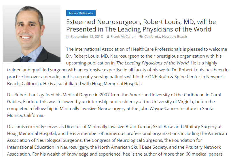 Robert Louis, MD, will be Presented in The Leading Physicians of the World 