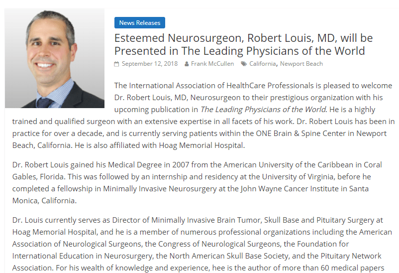 Robert Louis, MD, will be Presented in The Leading Physicians of the World